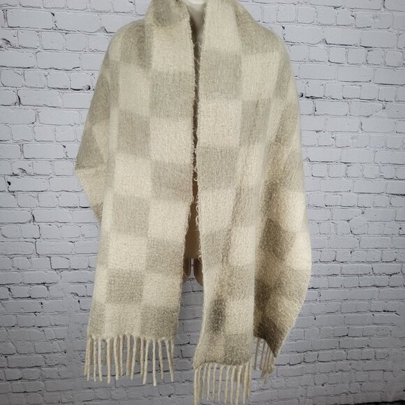 Madewell Beige Check Fringe Soft Rectangle Scarf Neckwarmer Shawl Wrap 77x18 - Picture 1 of 6